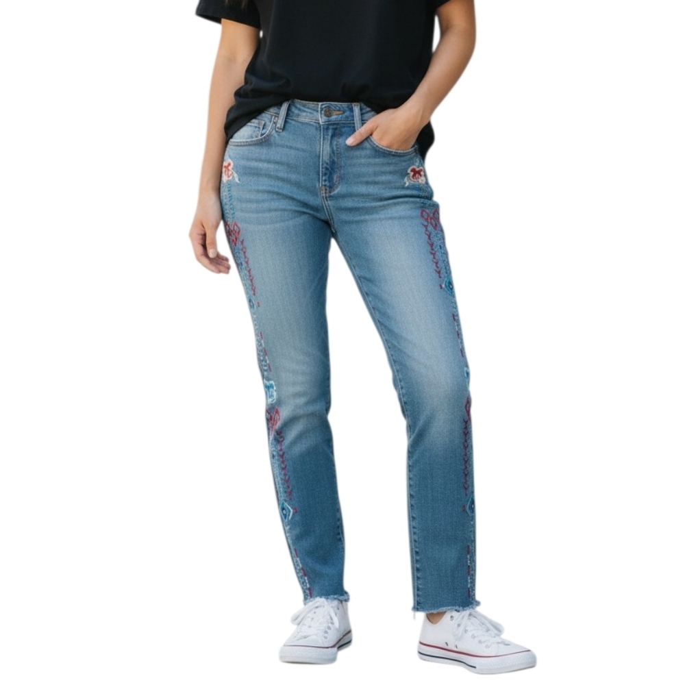 Driftwood Jackie Embroidered Skinny Jeans Raw Hem Mid Rise Boho Denim Sz 29